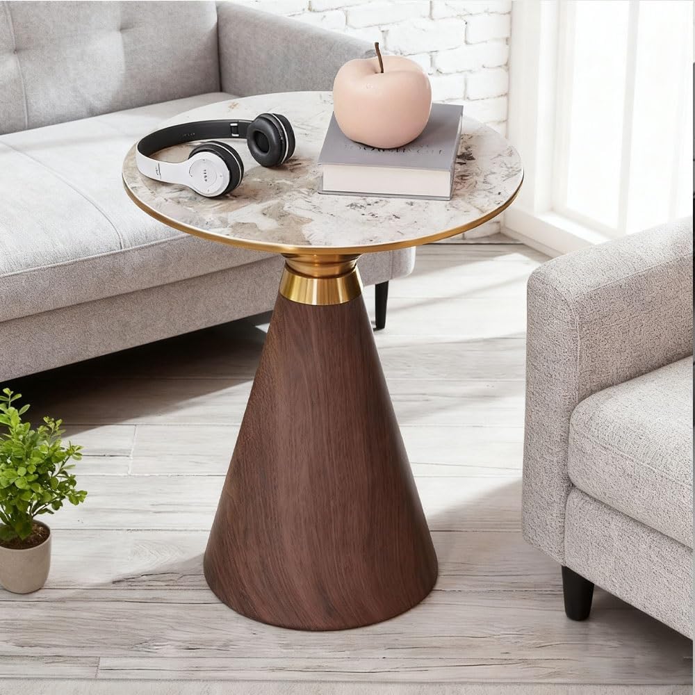 Carbon Steel Paint Side Table, Modern End Table with Rock Slab, Round Coffee Table, Floor-Standing Drink Tables for Small Spaces, Simple Corner Table for Living Room, Bedroom(Black,50cm/19.7in)