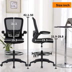 BestOffice Drafting Chair Tall Office Chair Adjustable Height with Lumbar Support Flip Up Arms Footrest Mid Back Task Mesh Desk Chair Computer Chair Drafting Stool for Standing Desk, Black