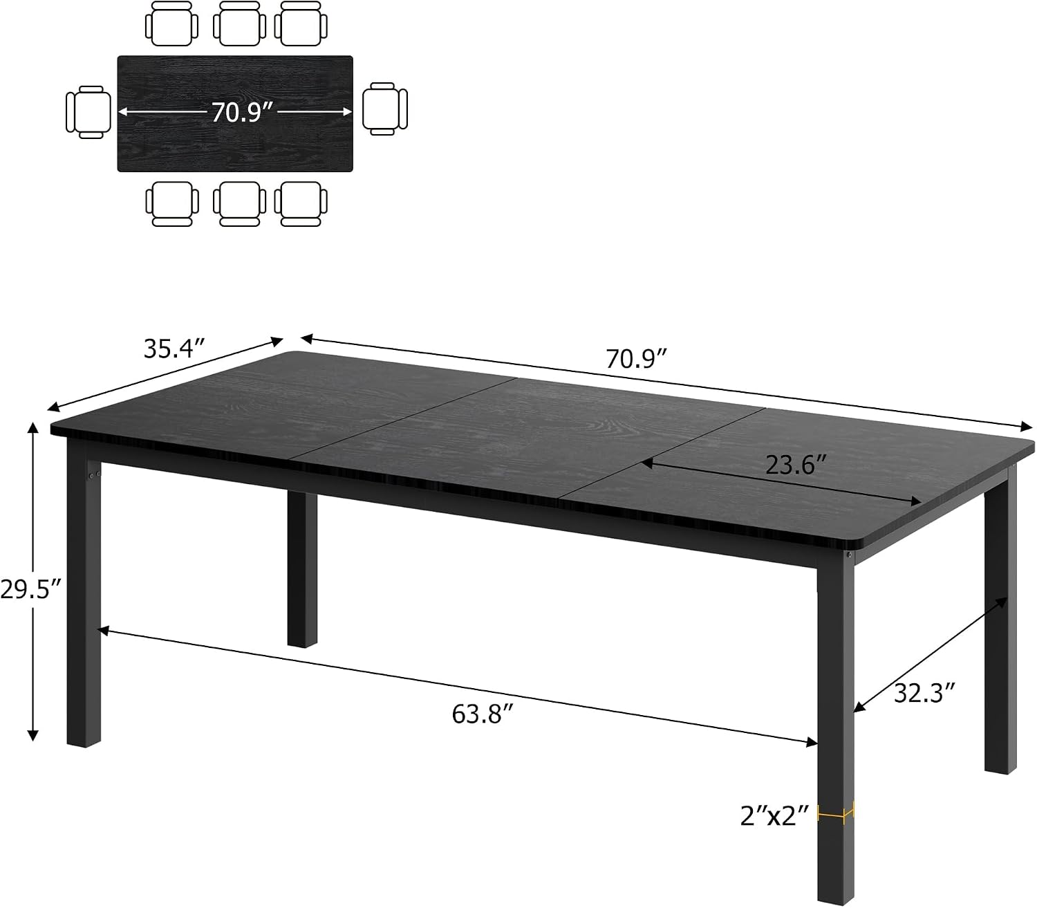 71 inch Long Rectangle Dining Table, MDF Top + Iron Legs with Rounded Corners, Modern Industrial Style Kitchen Table for 6-8 Persons, Black