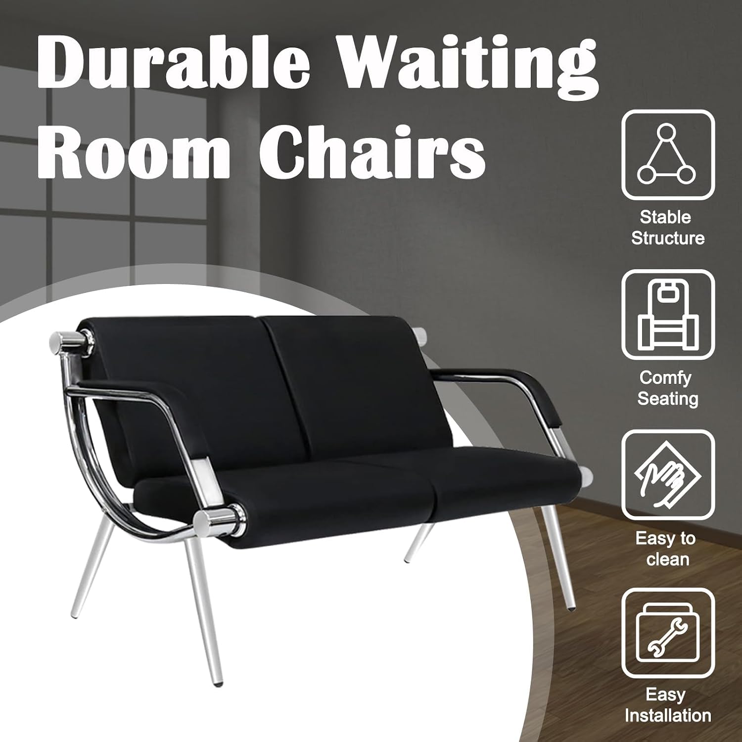kinbor PU Leather Waiting Room Chairs - 2 Seat Guest Reception Seat Bench with Arms for Airport Hospital Office Salon, Black