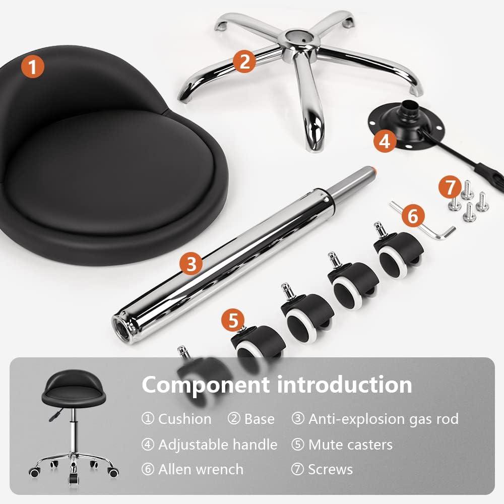 KKTONER PU Leather Round Rolling Stool with Back Rest Height Adjustable Swivel Drafting Work SPA Task Chair with Wheels Black
