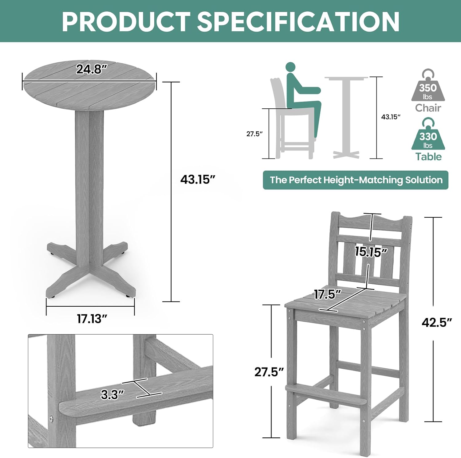 Outdoor Round Bar Table, 43 Inch All-Weather HDPE Bar Height Pub Table with Adjustable Feet, Heavy Duty High Top Bistro Table for Garden, Deck, Poolside,Backyard (Slate Grey)