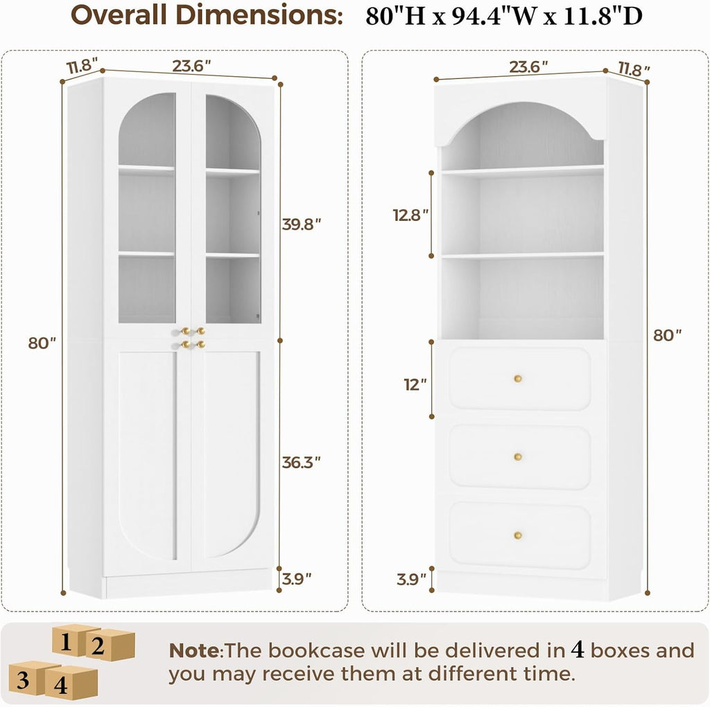 Cyclysio 80" Tall Pantry with 6 Drawers, Arched Kitchen Storage Cabinets with 6-Tier Open Shelves and 4 Tempered Glass Doors, Wood Floor Cupboard with Seamless Fit Wall for Living Room
