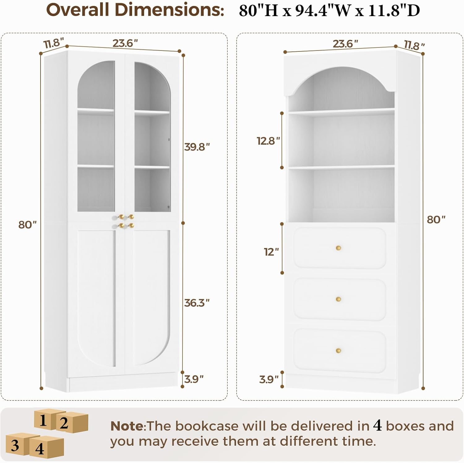 Cyclysio 80" Tall Pantry with 6 Drawers, Arched Kitchen Storage Cabinets with 6-Tier Open Shelves and 4 Tempered Glass Doors, Wood Floor Cupboard with Seamless Fit Wall for Living Room