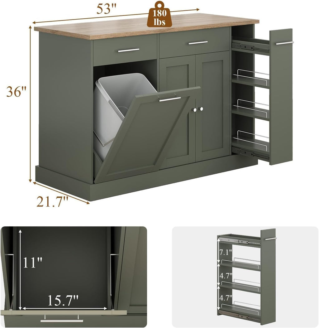4 EVER WINNER 53" Kitchen Island with Storage, Rolling Kitchen Island with 3-Large Spice Racks and Trash can, Portable Island for Kitchen with Adjustable Shelves, Green