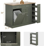 4 EVER WINNER 53" Kitchen Island with Storage, Rolling Kitchen Island with 3-Large Spice Racks and Trash can, Portable Island for Kitchen with Adjustable Shelves, Green