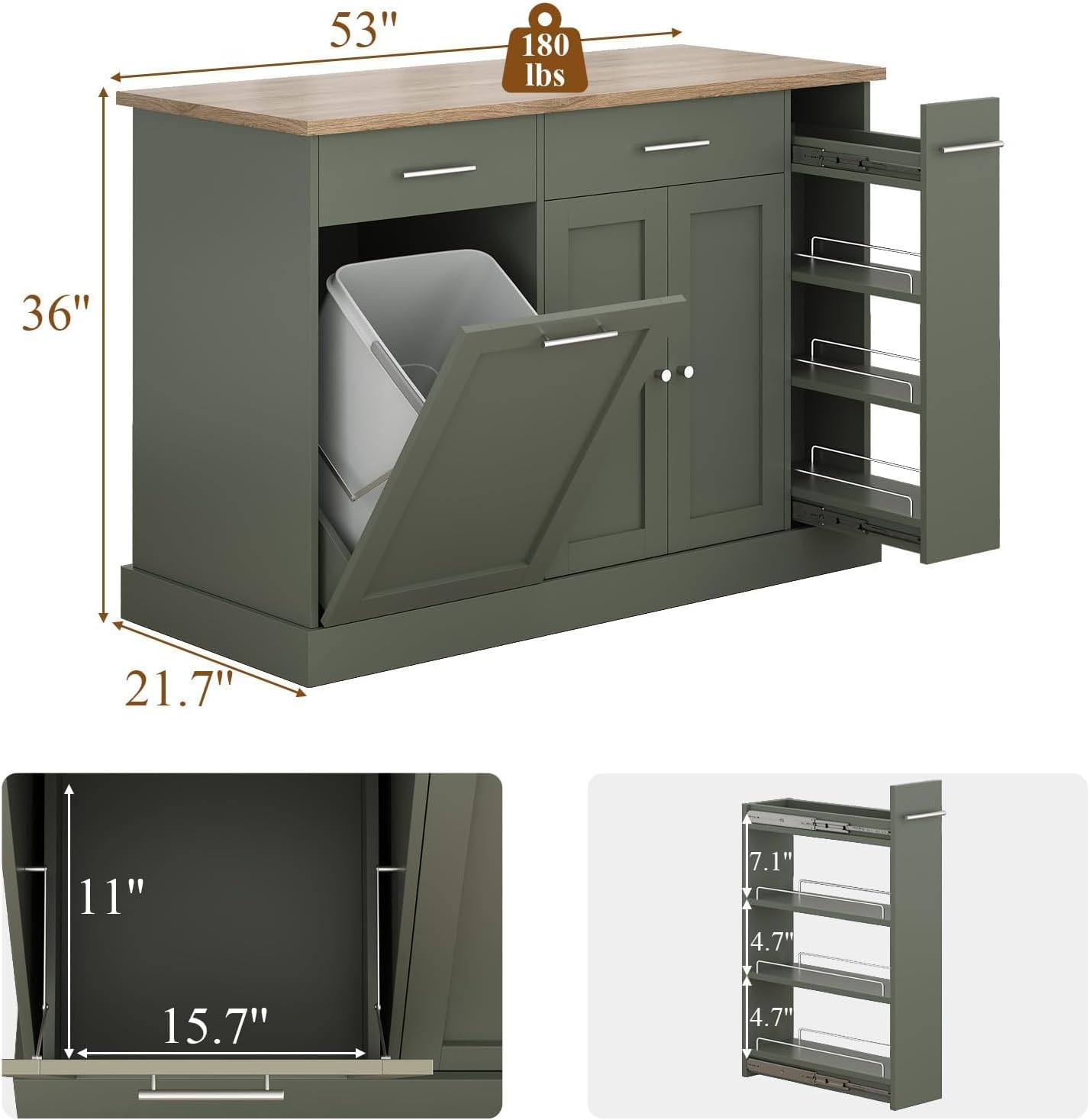4 EVER WINNER 53" Kitchen Island with Storage, Rolling Kitchen Island with 3-Large Spice Racks and Trash can, Portable Island for Kitchen with Adjustable Shelves, Green