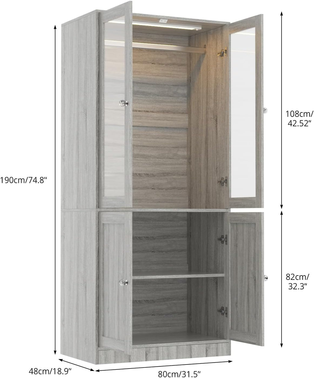 VOWNER 75" Tall Armoire Wardrobe Closet with 2 Glass Doors | Adjustable 3-color Lighting, Clothing Storage Cabinet with Hanging Rod, Wooden Armoire Storage Cabinet for Bedroom (Grey Oak)