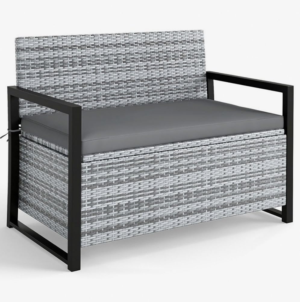 Gray Rustic Rattan Outdoor Storage Bench 40 Gal 800lb Load UV-Resistant 43.5in Seat Cushion Liner for Garden