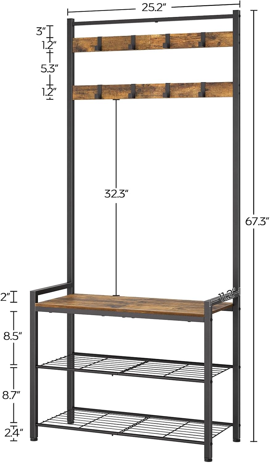 YATINEY Hall Tree, Coat Rack with Shoe Bench, Entryway Bench with Shoe Storage, Multifunctional Entryway Storage Organizer, Metal Frame and 8 Movable Hooks, for Hallway, Rustic Brown MT01BR