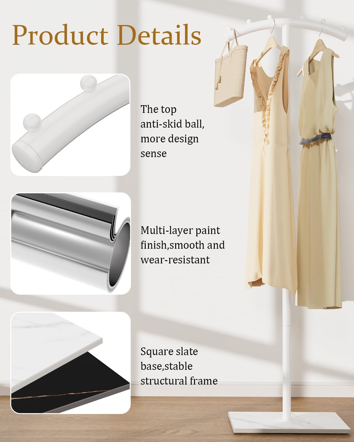 Freestanding Metal Clothes Rack with Natural Rock Base,68.9in,White | T-shaped Coat Hangers with Anti Slip Knots,Easy to Clean Garment Racks for Home,Durable Clothing Trees for Office