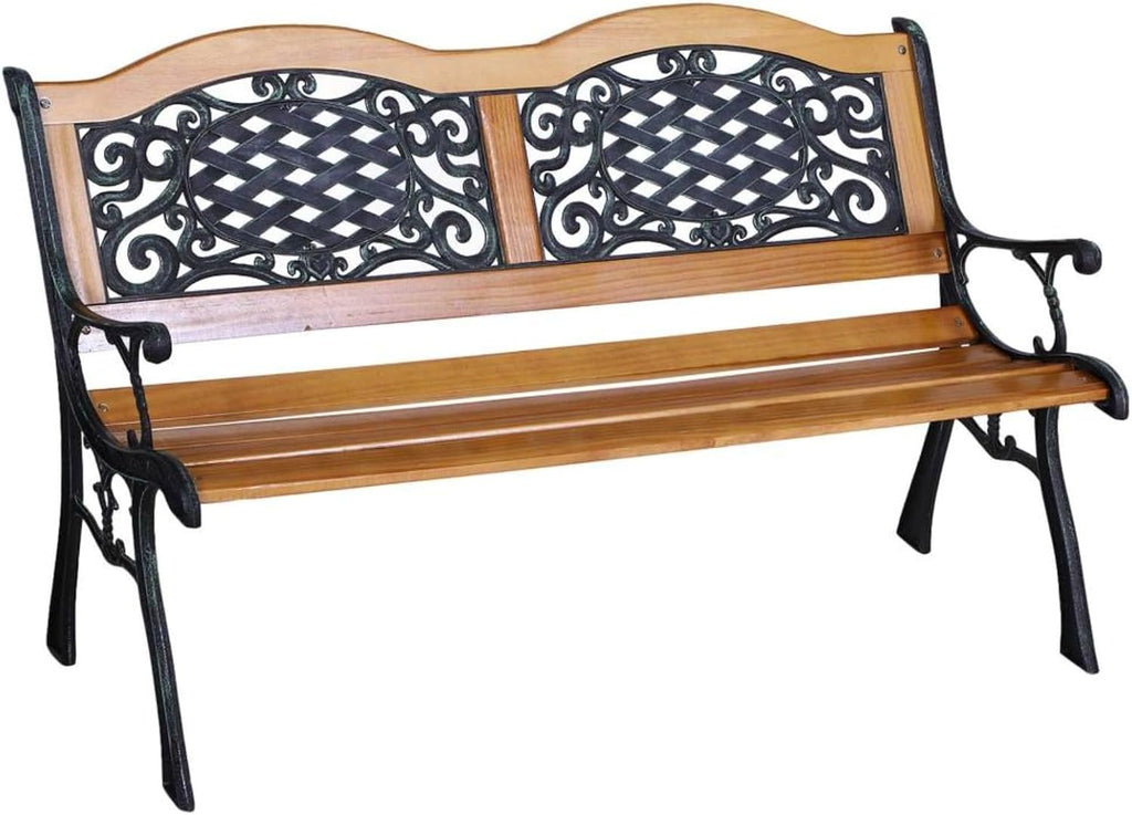 Hassyee Outdoor Garden Bench with Antique-Like Flourishes and Slatted Design for Backyard, Deck, Lawn, Patio Wooden Bench with Metal Frame for Balcony, Poolside, Park