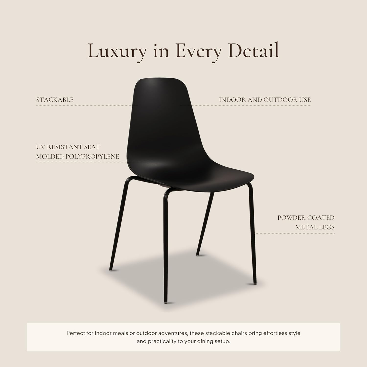 Poly & BARK Isla Stackable Dining Chairs Set of 4 – Mid Century Modern Plastic Dining Chair with Metal Legs – Kitchen & Dining Room Chairs – Dining Table Chairs Set – Indoor/Outdoor – Ebony Black