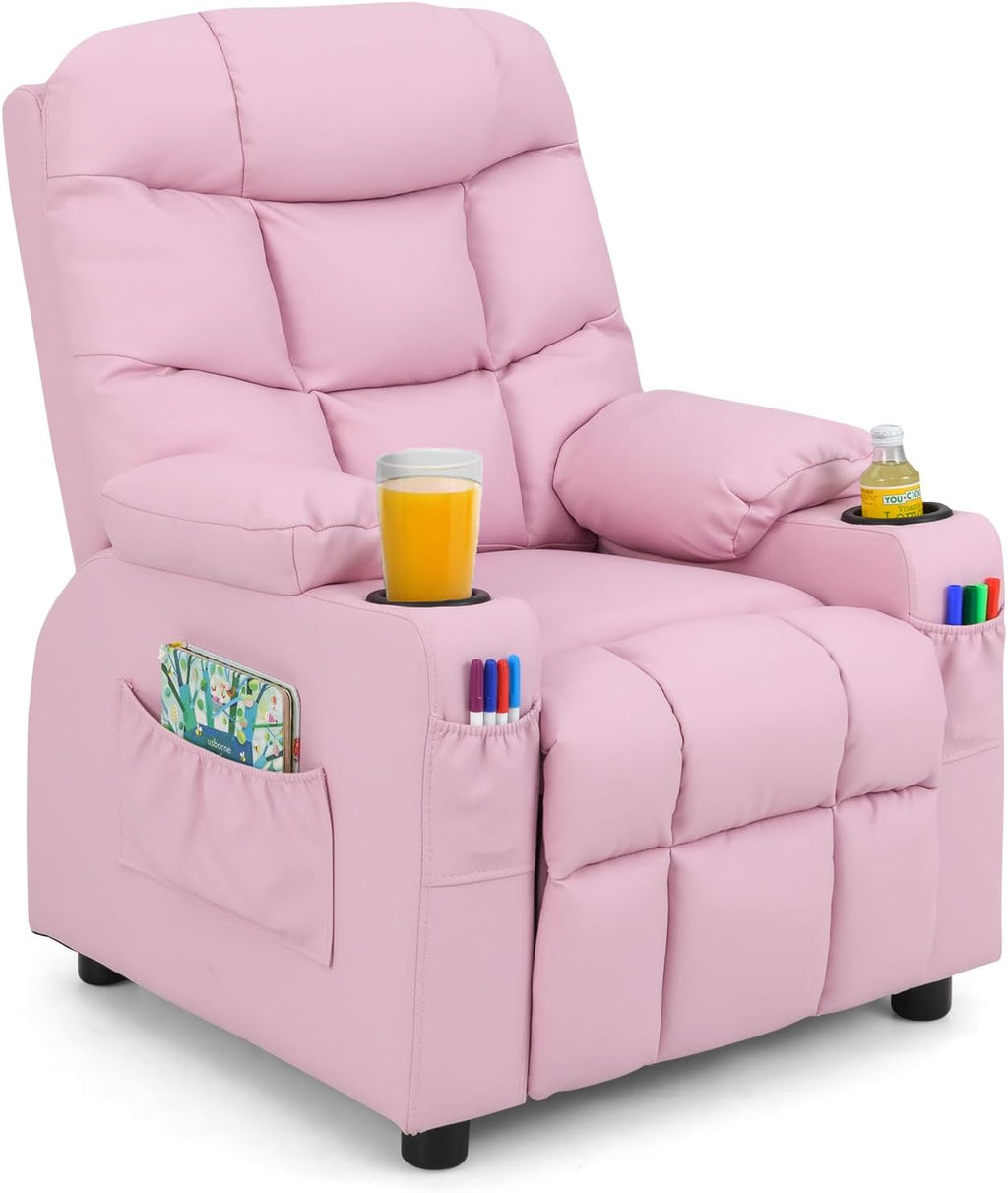 Kids Recliner, Kids Recliner Chair w/ 2 Cup Holders, PU Leather Chairs Comfy w/Adjustable Backrest & 3 Pockets, Toddler Furniture Sofa for Boys Girls Aged 3+