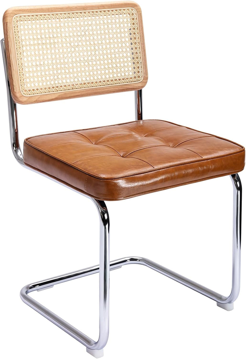 Zesthouse Natural Rattan Dining Chairs Set of 2, Mid Century Modern Dining Room Chairs with Chrome Leg, Faux Leather Kitchen Chair with Solid Wood Back & Cane Mesh, Breuer Cesca Design Inspired, Brown