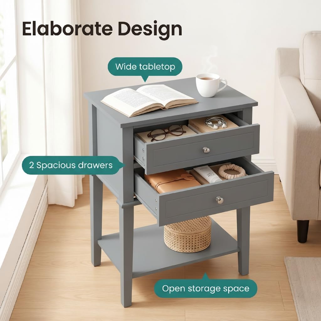 SEJOV EJOV 28" Tall Nightstand Set 2 with 2 Drawers and Open Shelf, Gray | Modern Bedside Table, Larger Wooden End Table Farmhouse Style Night Stand with 26inch Wide Desktop & Spray-painted Surface