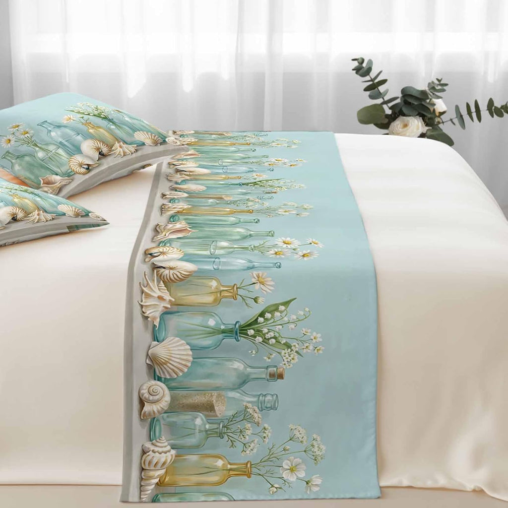 Nautical Conch Shell Bed Runners for Cal King Size Beds Sea Glass Bottles Coastal Floral Bed Scarf Matching Decorative Throw Pillow Covers Hotel Beds End Blanket Towel Bedspread Protection for Bedroom
