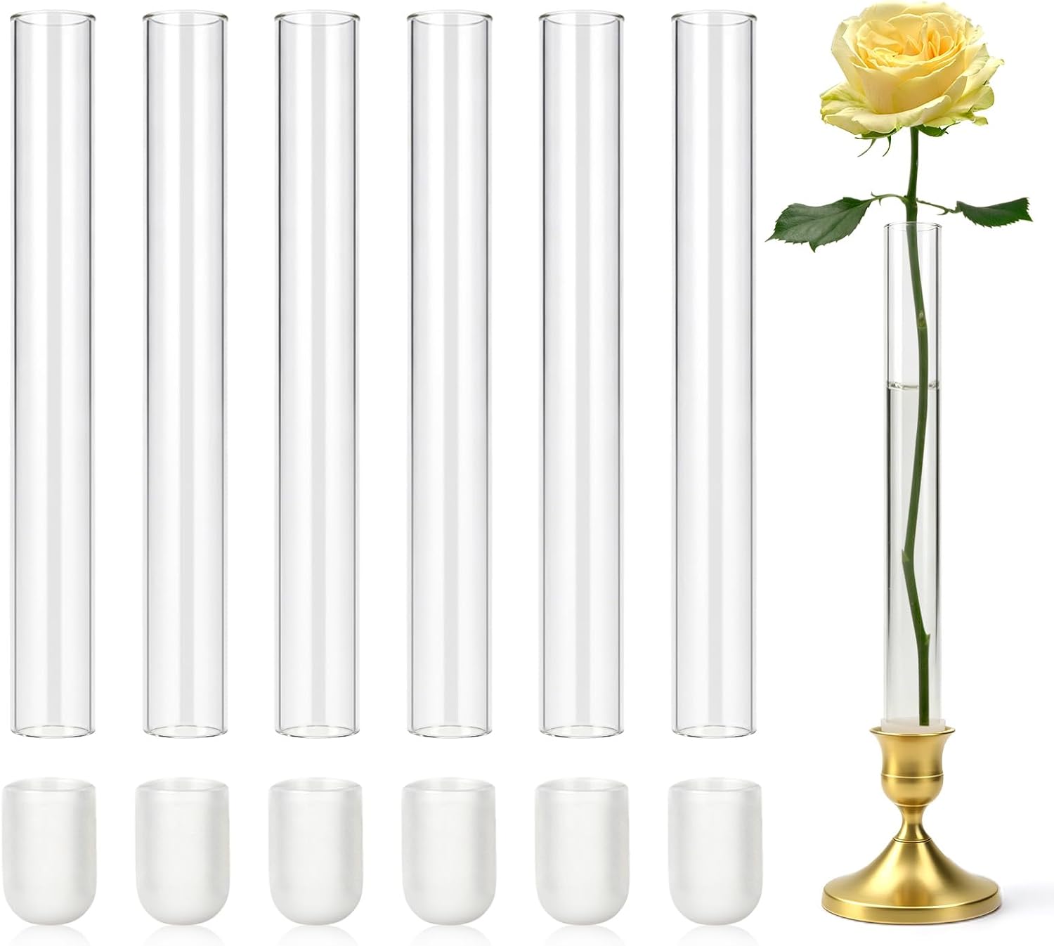 CGBE Glass Bud Vases for Flowers: 6 Pack 7.9" Base Vase for Taper Candle Holders - Skinny Vases for Flowers with Silicon Case Fits Candlesticks Size 20-22mm - Candle Vases for Home Decor & Wedding