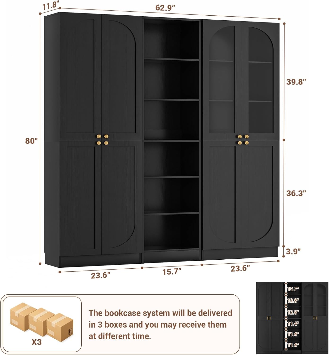 Cyclysio 80" Tall Pantry System with Tempered Glass Doors, Arched Corner Pantries with 6-Tier Open Shelves, Wooden Storage Organizer Cabinets for Living Room, Kitchen, Bathroom