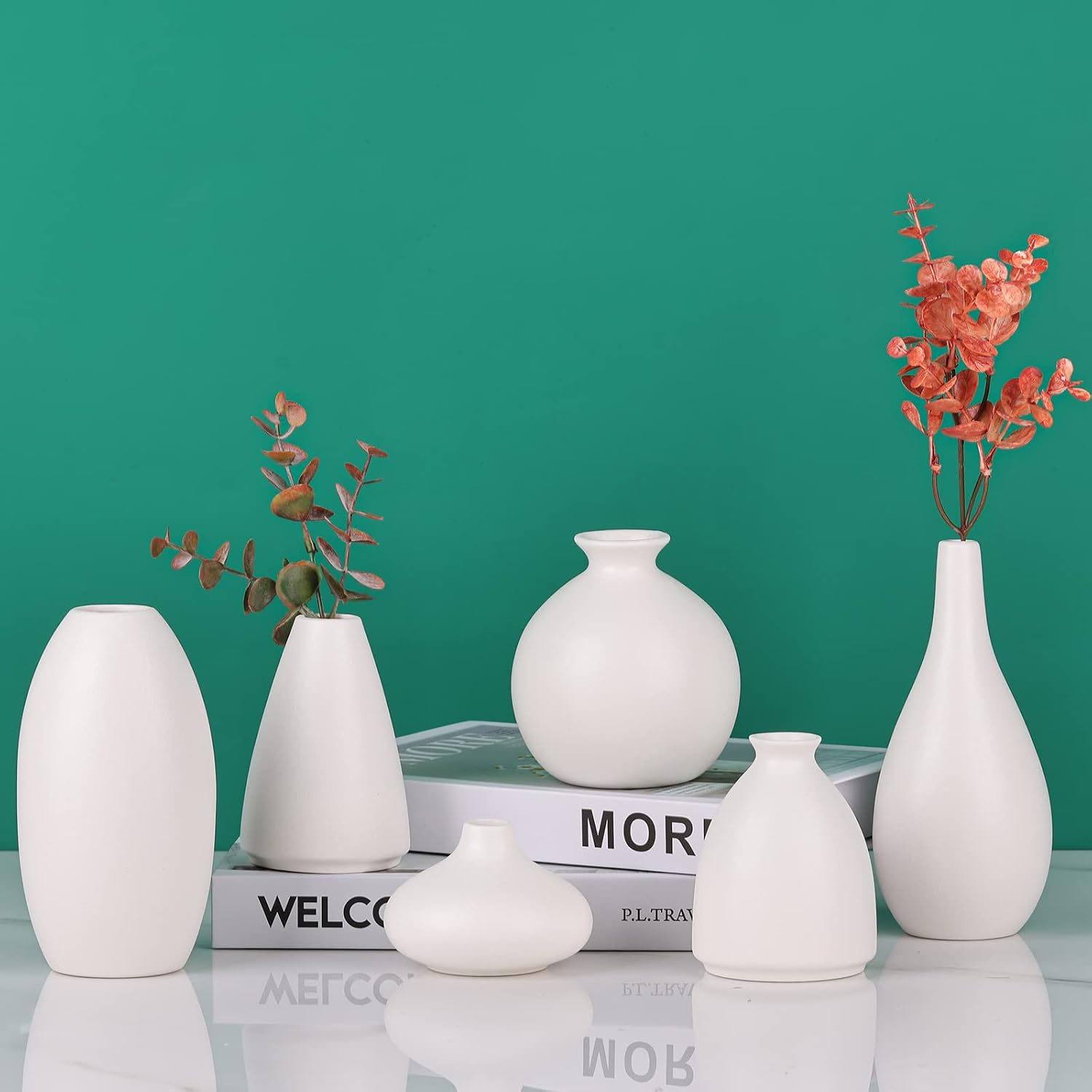 Set of 6 Matte White Small Vases for Flowers, Ceramic Bud Vase Bulk Boho Centerpieces for Tables, Mini Short Vase Modern Bulk Wedding Centerpieces Ikebana Vases for Bridal Shower/House Warming Gift