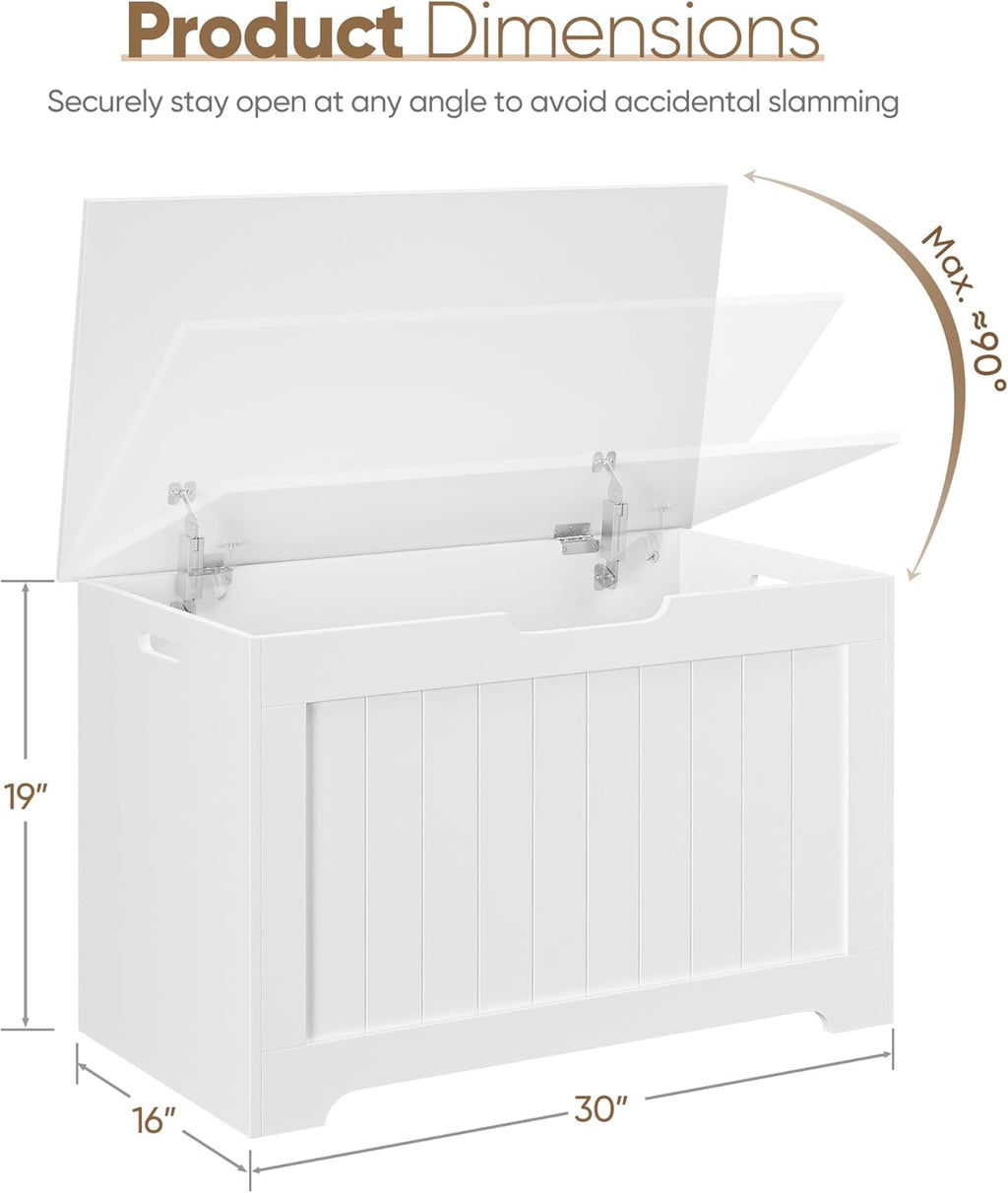 Storage Chest with Flip-top Lid, Large Wood Trunk Bench with Safety Hinge, Bedroom Living Room Clothes Blanket Organizer Bin with 100L Storage Area, White
