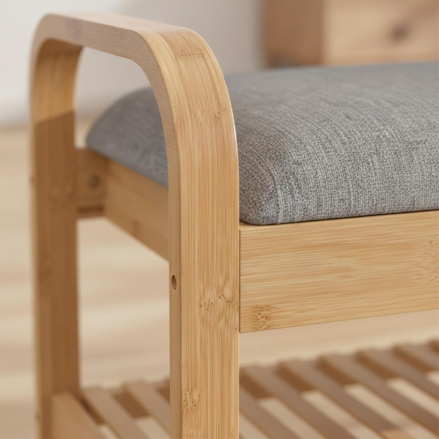 Fenteer Children Footstool Upholstered Bench with Storage and Slatted Shoe Shelf Bamboo Construction with Straight Legs Compact Design for Small Suitable for Hallway Dorm condo Kids Room