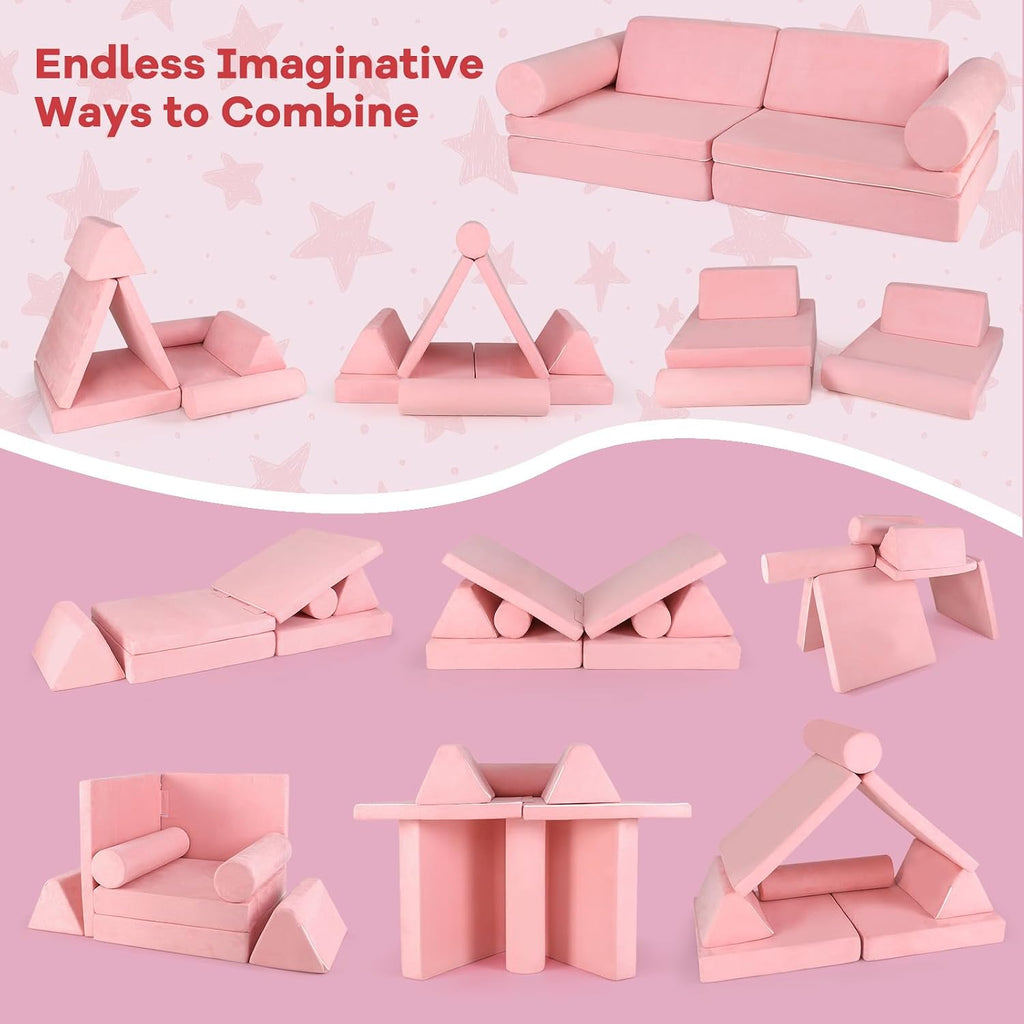 Costzon 8 Pcs Modular Kids Play Couch, Toddler Sectional Sofa Chair, Convertible Baby Pink Sofa & Floor Cushion, Bedroom & Playroom Furniture for Building Fort Gift for Boys Girls 3+ (Pink)