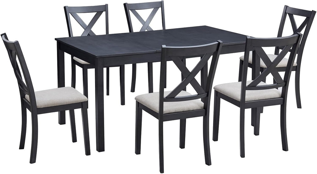 LUXOAK 7-Piece Solid Wood Dining Table Set, 60" Farmhouse Dining Table with 6 Chairs, Rectangular Table Set for 6, Kitchen & Dining Room Furniture, Grey & White