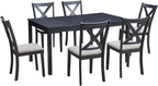 LUXOAK 7-Piece Solid Wood Dining Table Set, 60" Farmhouse Dining Table with 6 Chairs, Rectangular Table Set for 6, Kitchen & Dining Room Furniture, Grey & White
