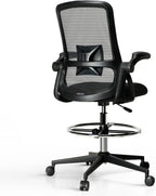 Drafting Chair, Tall Office Chair with Lumbar Support, High Office Chair with Flip up Armrests, Standing Desk Chair with Adjustable Footrest Ring, Breathable Mesh Back, Black
