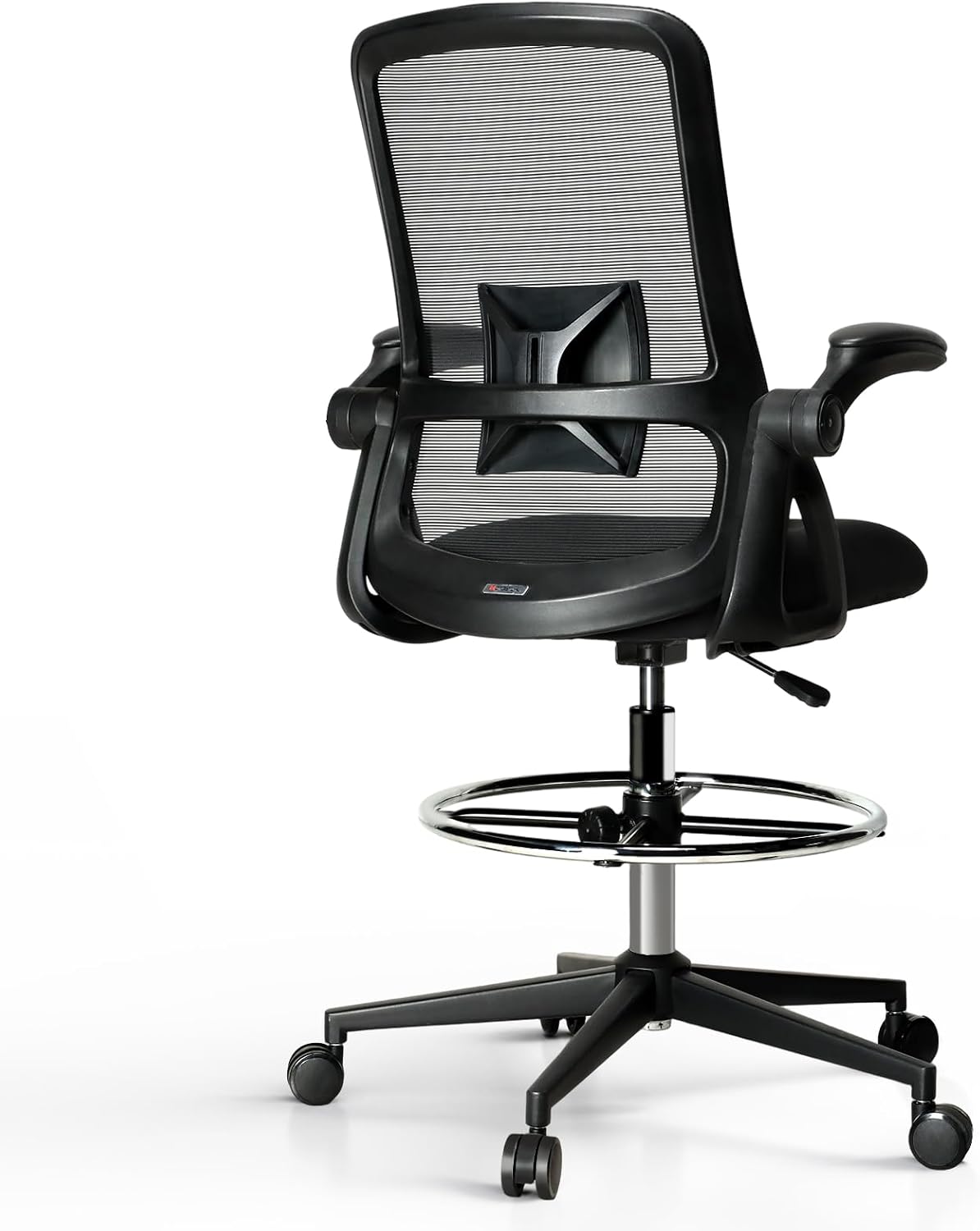 Drafting Chair, Tall Office Chair with Lumbar Support, High Office Chair with Flip up Armrests, Standing Desk Chair with Adjustable Footrest Ring, Breathable Mesh Back, Black
