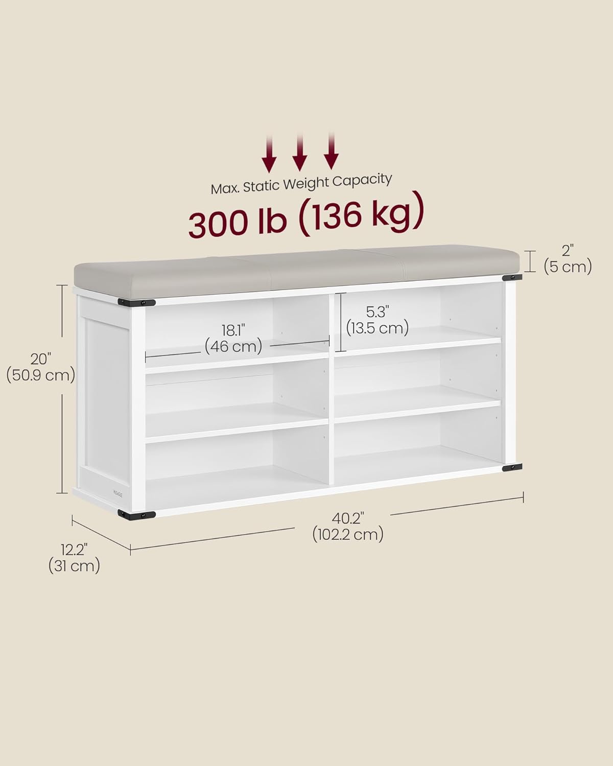 VASAGLE LIRY Collection - Shoe Storage Bench with Removable Cushion, Shoe Rack with Padded Seat, Entryway Bench with 6 Open Compartmens, Adjustable Shelves, Cloud White ULSB105W01