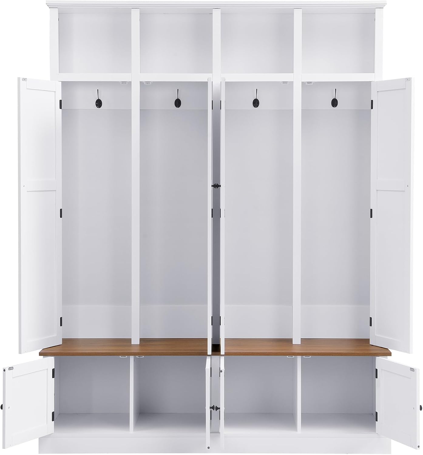 LUMISOL Farmhouse Hall Tree with Bench and Shoe Storage, Entryway Bench with Coat Rack, Hooks, 8 Cabinets & 4 Top Cubbies for Mudroom, Entrance, Hallway, White