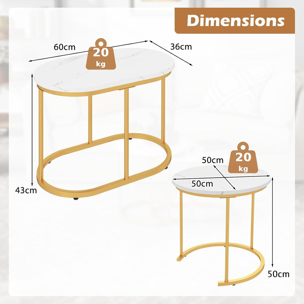 Multigot Nesting Tables Set of 2, Stacking End Side Table, Marble Accent Snack Coffee Tea Table for Living Room, Bedroom and Balcony (Marble + Golden)