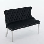 Velvet Double Dining Loveseat Bench with Wing Back, Tufted Upholstered 2-Seat Design,Silver Stainless Steel Legs, Modern Mid-Century Accent Seating for Dining Room, Kitchen, or Entryway (Black)