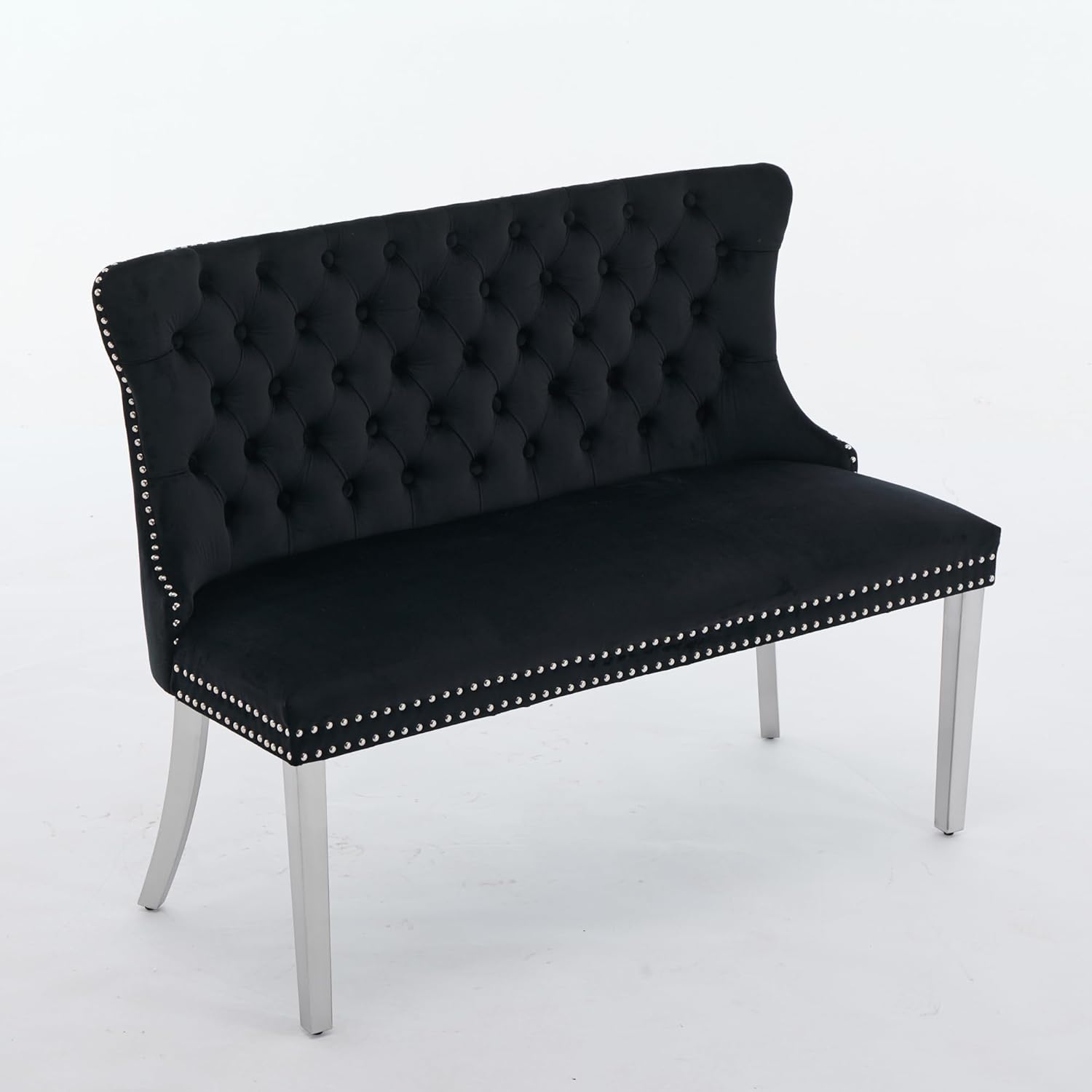 Velvet Double Dining Loveseat Bench with Wing Back, Tufted Upholstered 2-Seat Design,Silver Stainless Steel Legs, Modern Mid-Century Accent Seating for Dining Room, Kitchen, or Entryway (Black)