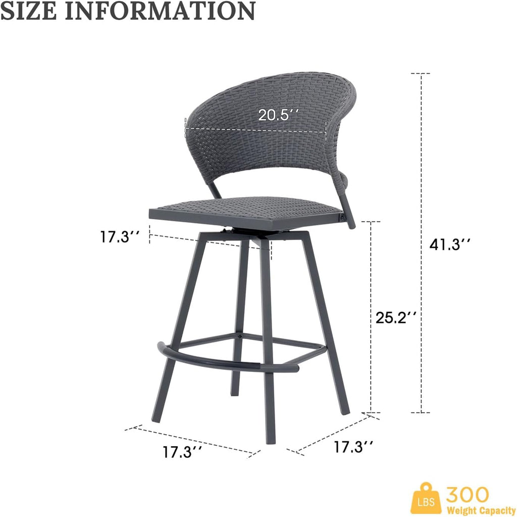 VICLLAX Patio Bar Stool Chairs with Footrests and Padded Seat, Counter Height Swivel Patio Chairs Set of 2, Grey Woven Wicker Swivel Bar Stools for Lawn Garden