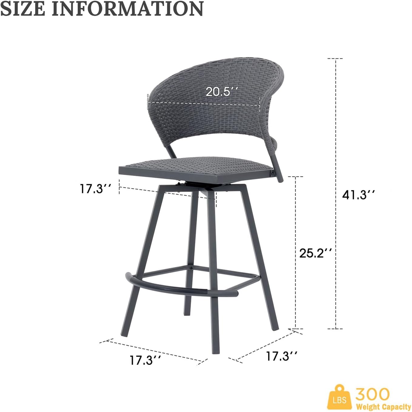 VICLLAX Patio Bar Stool Chairs with Footrests and Padded Seat, Counter Height Swivel Patio Chairs Set of 2, Grey Woven Wicker Swivel Bar Stools for Lawn Garden