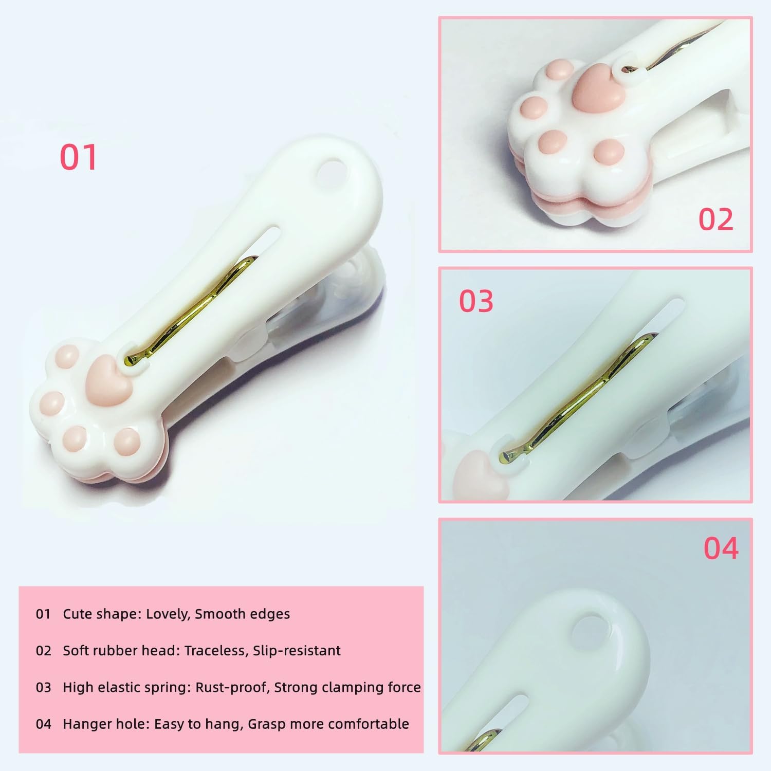 Plastic Clothespins Laundry Clothes Pins-24 Pack (Pink & Gray), Traceless Clothes Pegs, Bag Clips, Food Package Clip, with Cute Cat Claw Pattern