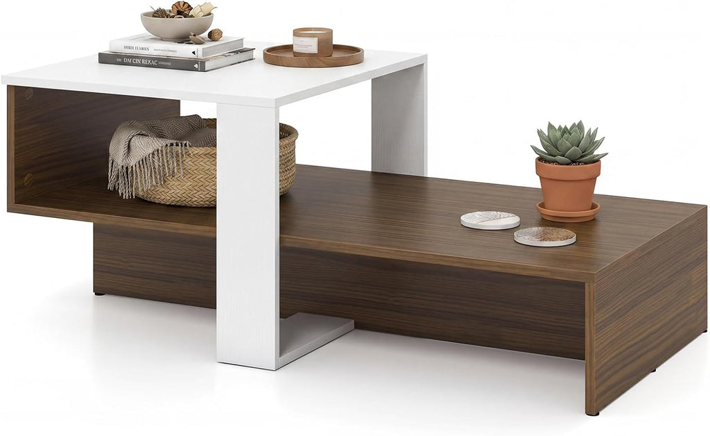 Giantex Small Coffee Table with Storage, 31.5" Wood Unique Center Table with 2-Tier Shelf, Low Accent Cocktail Tea Table, Mid Century Modern Coffee Table for Living Room, Small Spaces, Walnut & White