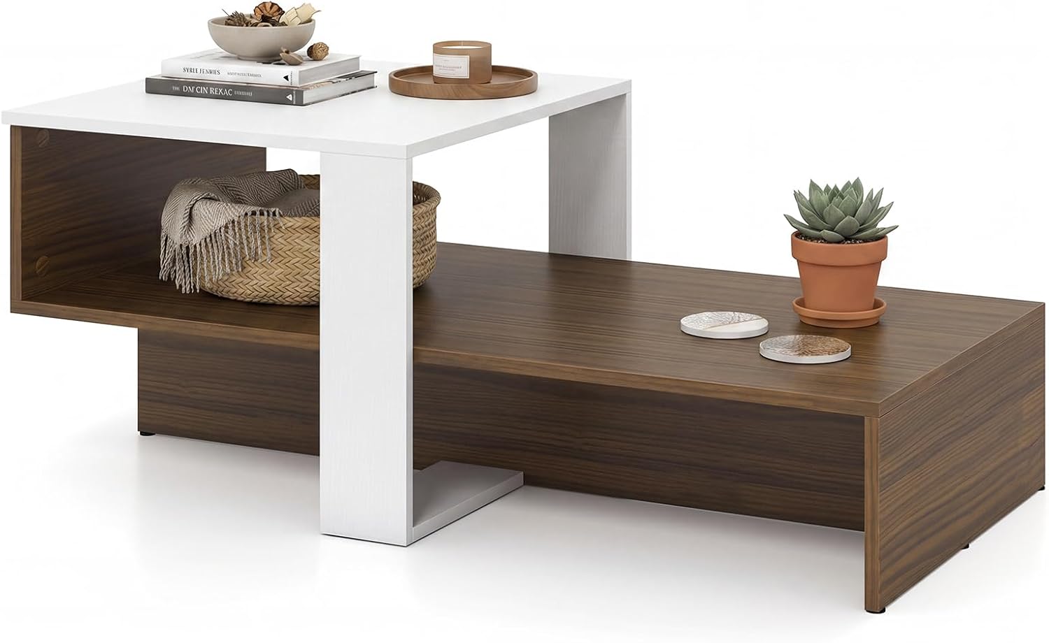 Giantex Small Coffee Table with Storage, 31.5" Wood Unique Center Table with 2-Tier Shelf, Low Accent Cocktail Tea Table, Mid Century Modern Coffee Table for Living Room, Small Spaces, Walnut & White