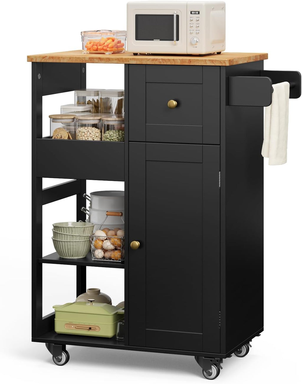 Gizoon Kitchen Island Cart on Wheels, with Thickened Wooden Countertop, Rolling Serving Utility Cart with Drawers and Doors, Bar Cart with Adjustable Shelf and Removable Tray for Dining Room, Black