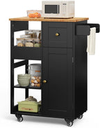 Gizoon Kitchen Island Cart on Wheels, with Thickened Wooden Countertop, Rolling Serving Utility Cart with Drawers and Doors, Bar Cart with Adjustable Shelf and Removable Tray for Dining Room, Black