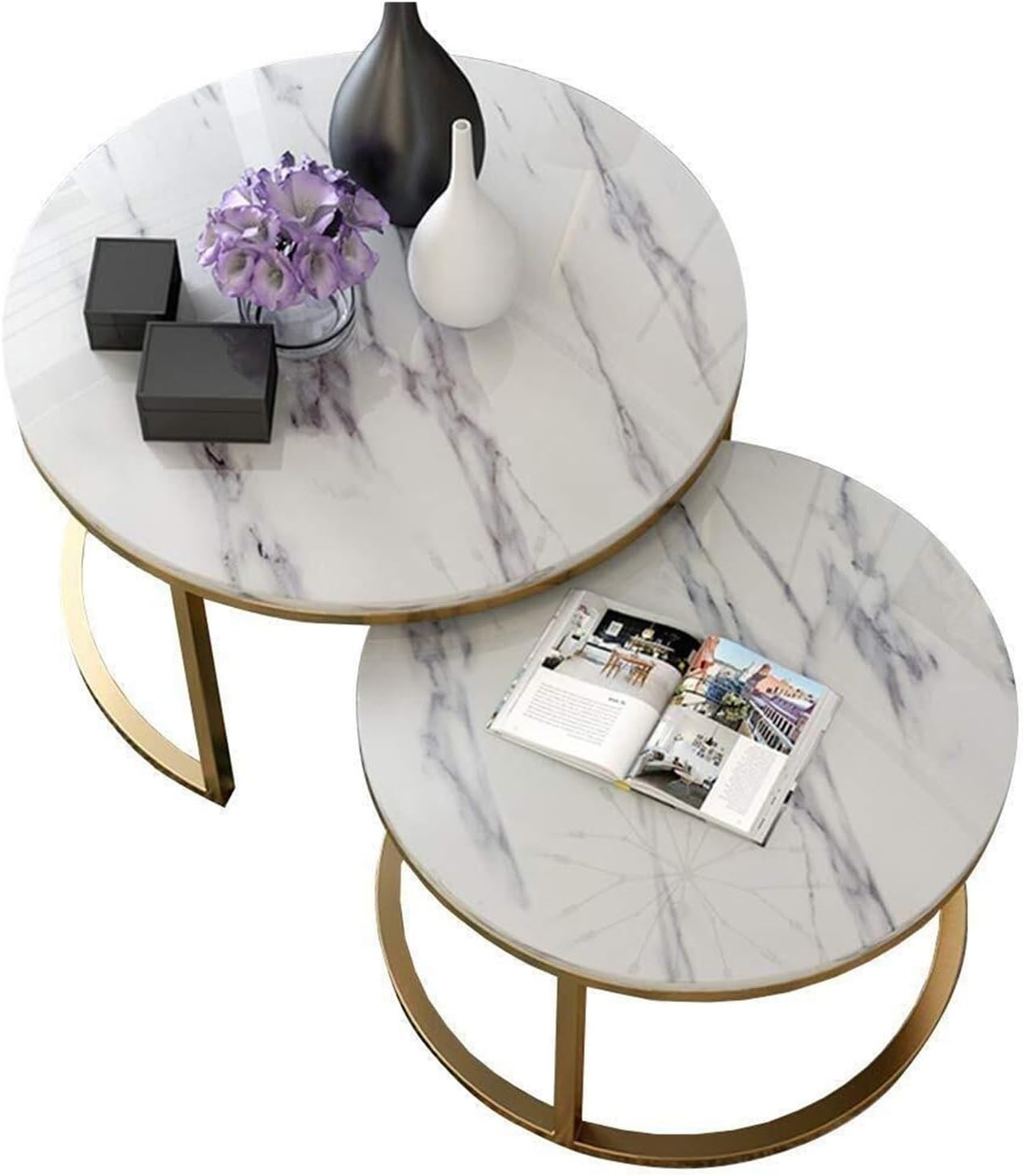 Coffee Table Set of 2， Nest of Tables Marble l White Modern Coffee Table Round Sofa Side End Table Living Room Balcony Nesting Tables，(80cm+60cm)