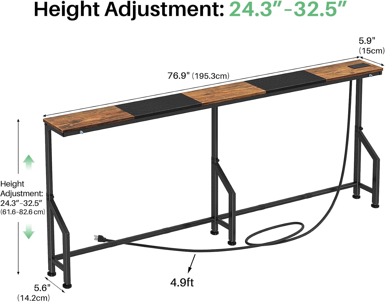 Kitstorack Behind Couch Table, Adjustable Height (4 Levels), 76.9" Long Narrow Console Table with Power Strip (2 AC, USB & USB-C) & Anti-Tip Wall Screws, Slim Sofa Table for Living Room
