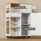 Gizoon Kitchen Island Cart on Wheels, Rolling Serving Utility Cart with Drawers and Doors, Bar Cart with Adjustable Shelf and Removable Tray for Dining Room, White, Tabletop-Oak Color