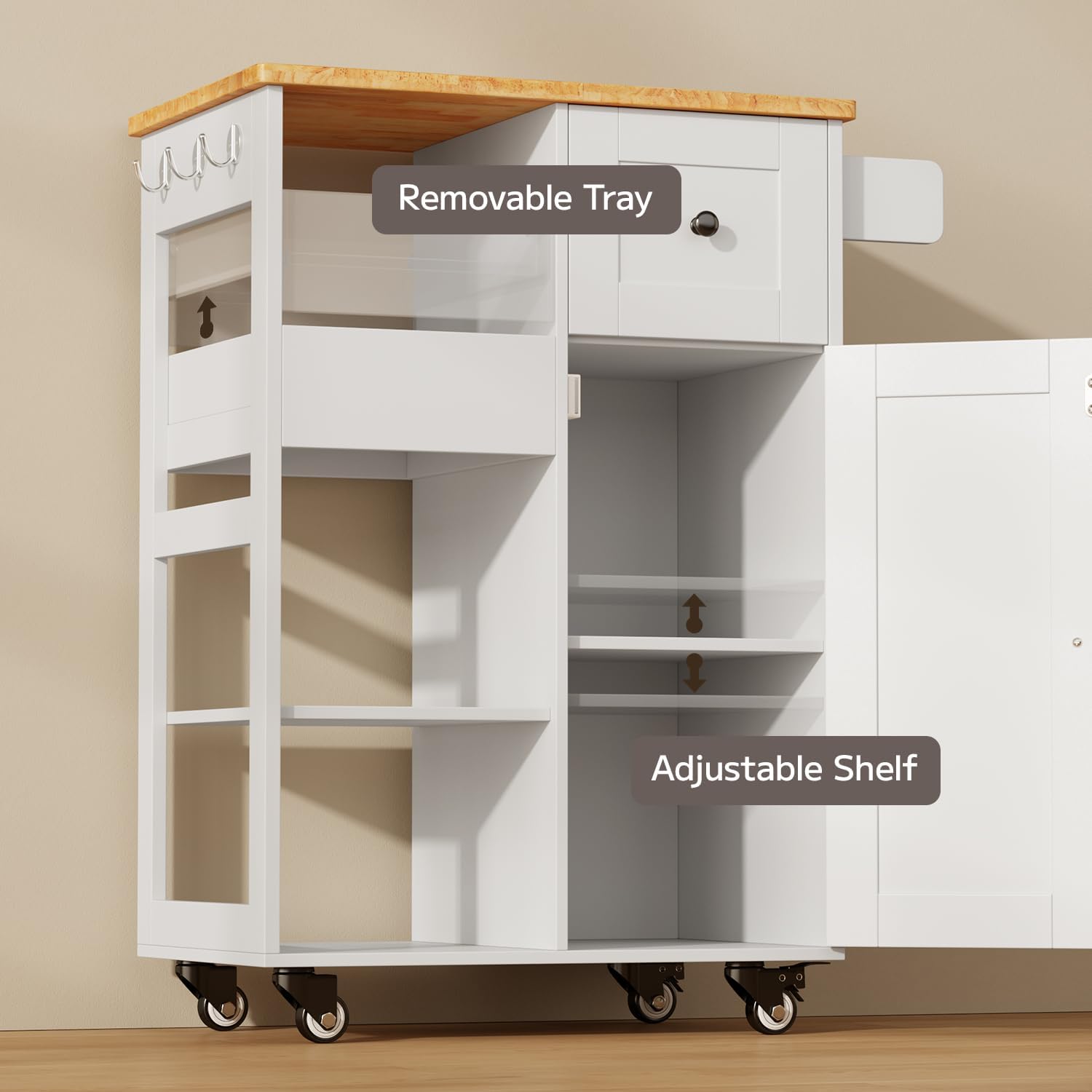 Gizoon Kitchen Island Cart on Wheels, Rolling Serving Utility Cart with Drawers and Doors, Bar Cart with Adjustable Shelf and Removable Tray for Dining Room, White, Tabletop-Oak Color