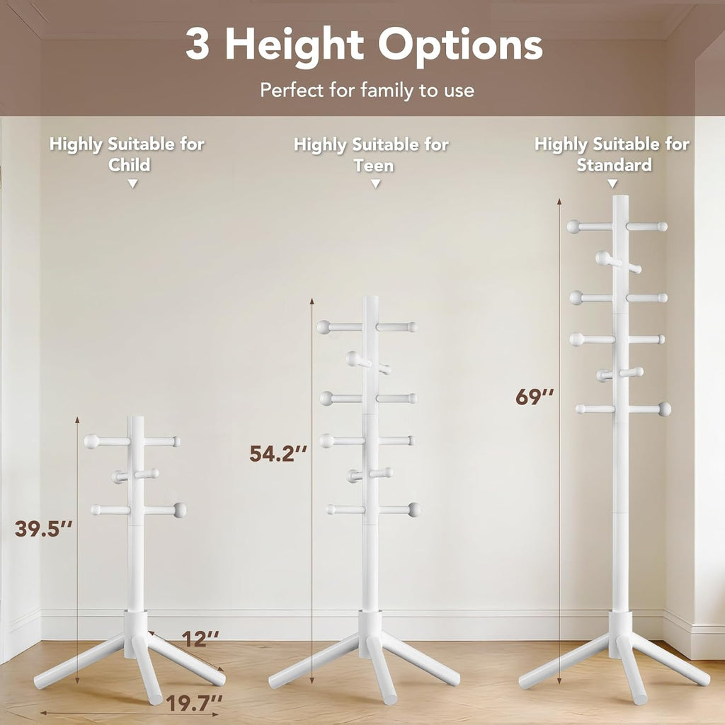 Wooden Coat Rack Freestanding with 12 Hooks 3 Adjustable Heights，Standing Coat Rack Tree for Hat and Coat Rack for Small Spaces Entryway,Office,Bedroom,White