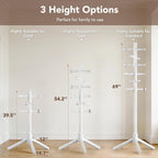 Wooden Coat Rack Freestanding with 12 Hooks 3 Adjustable Heights，Standing Coat Rack Tree for Hat and Coat Rack for Small Spaces Entryway,Office,Bedroom,White