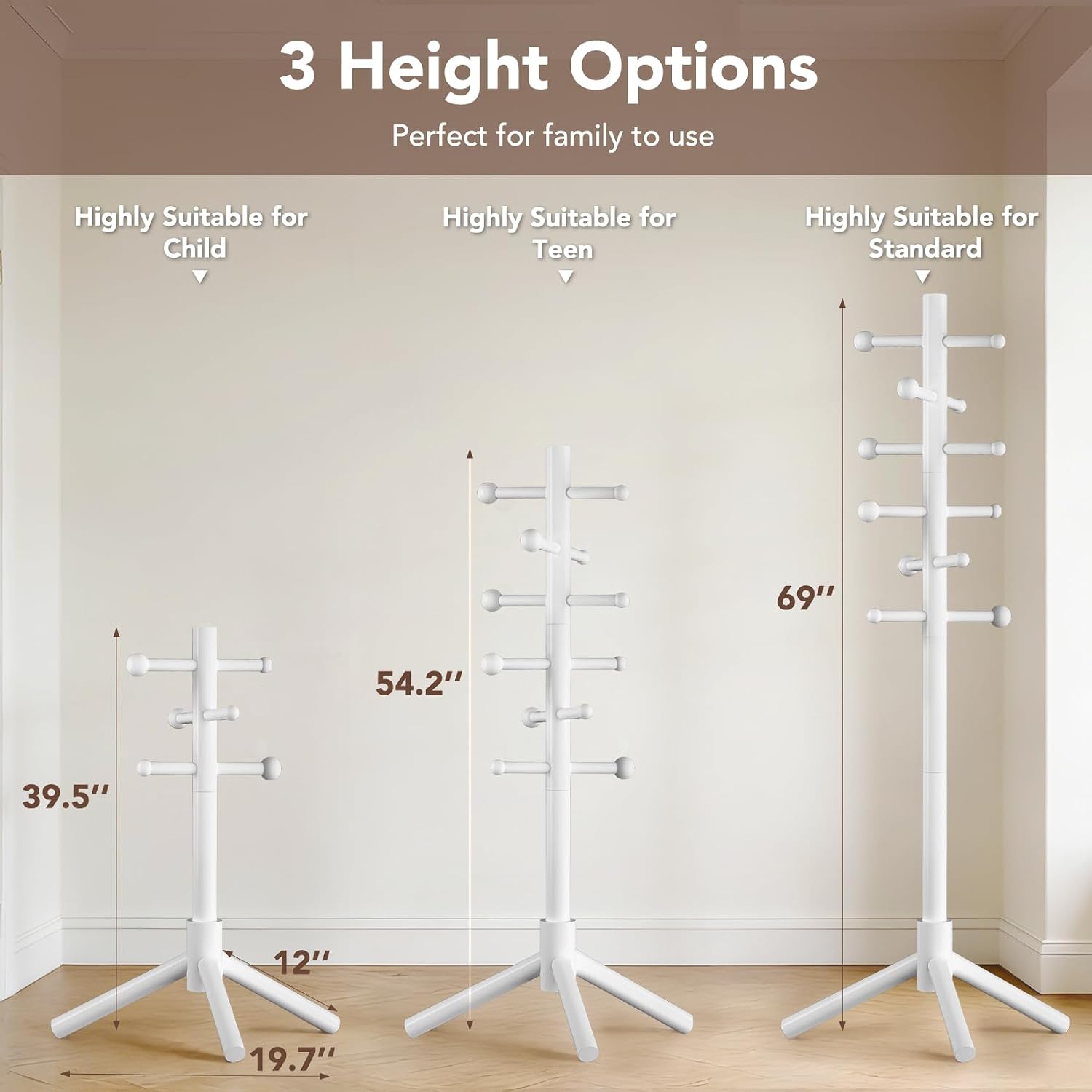 Wooden Coat Rack Freestanding with 12 Hooks 3 Adjustable Heights，Standing Coat Rack Tree for Hat and Coat Rack for Small Spaces Entryway,Office,Bedroom,White